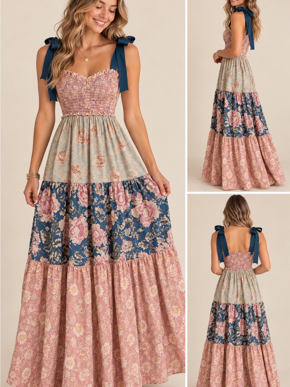 Free People Mixed Floral Tiered Maxi Dress with Navy Tie Straps